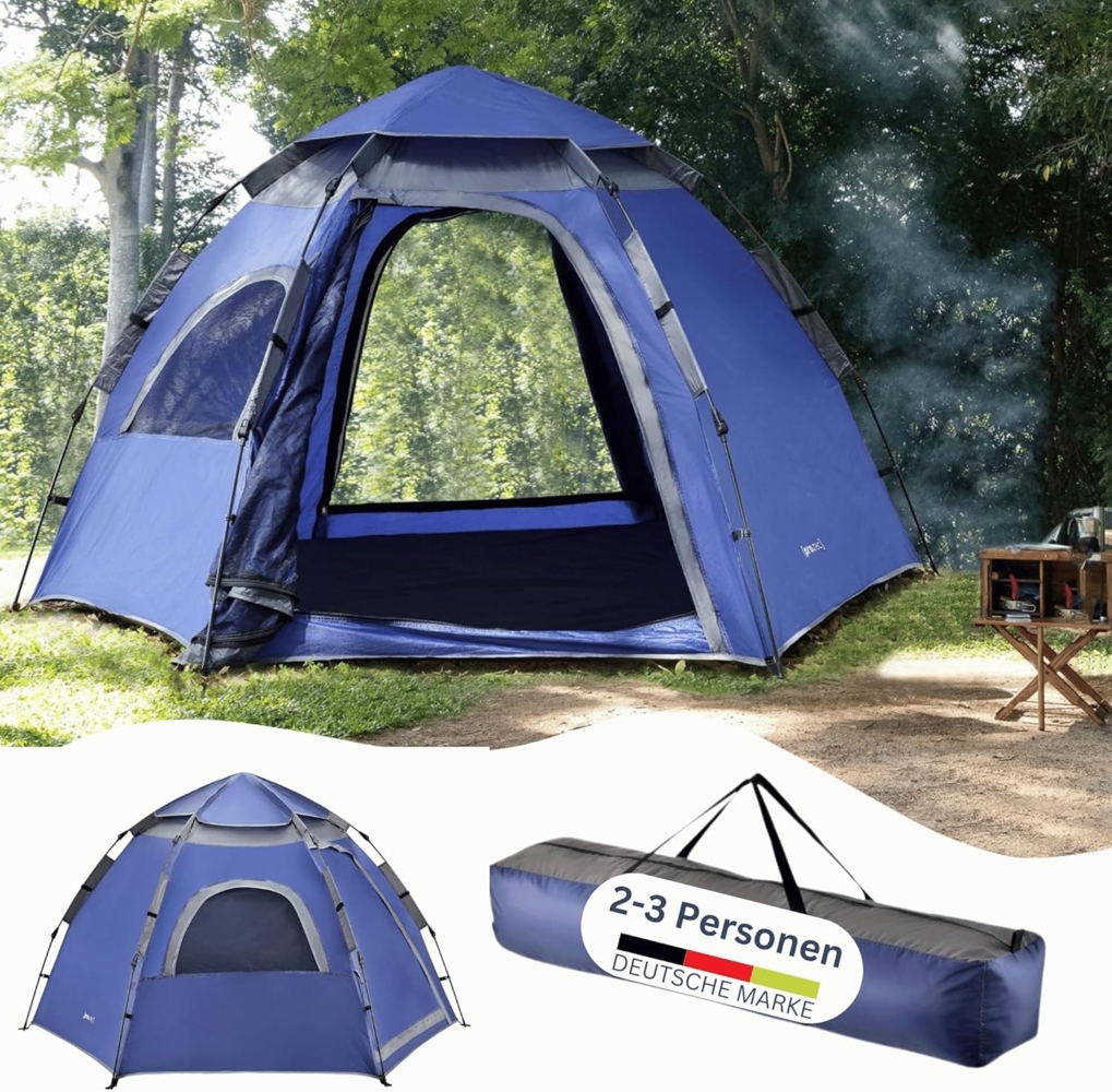 DELUKE® Camping Zelt RYGA - Automatisches Sofortzelt 2-3 Personen Pop Up Zelt Kuppelzelt Wasserdicht Winddicht für Trekking Familien Rucksackreisen Festivalzelt Blau Bild 1