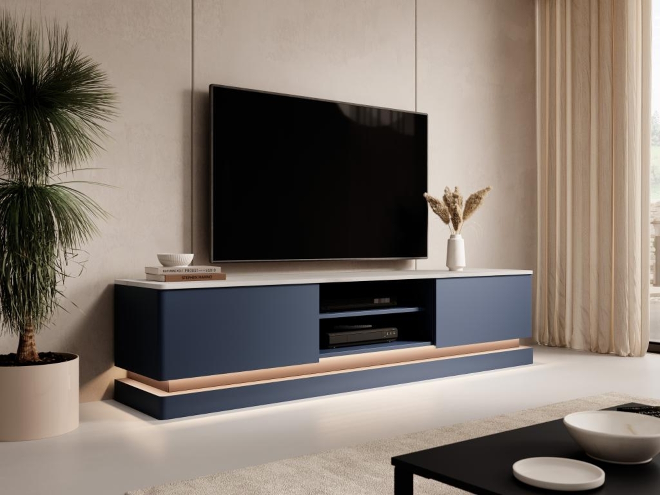 Vente-unique - TV-Möbel mit 2 Schubladen & 2 Ablagefächer + LED-Beleuchtung - MDF - Blau & Marmor-Optik Weiß - DEVIKA von Pascal MORABITO Bild 1