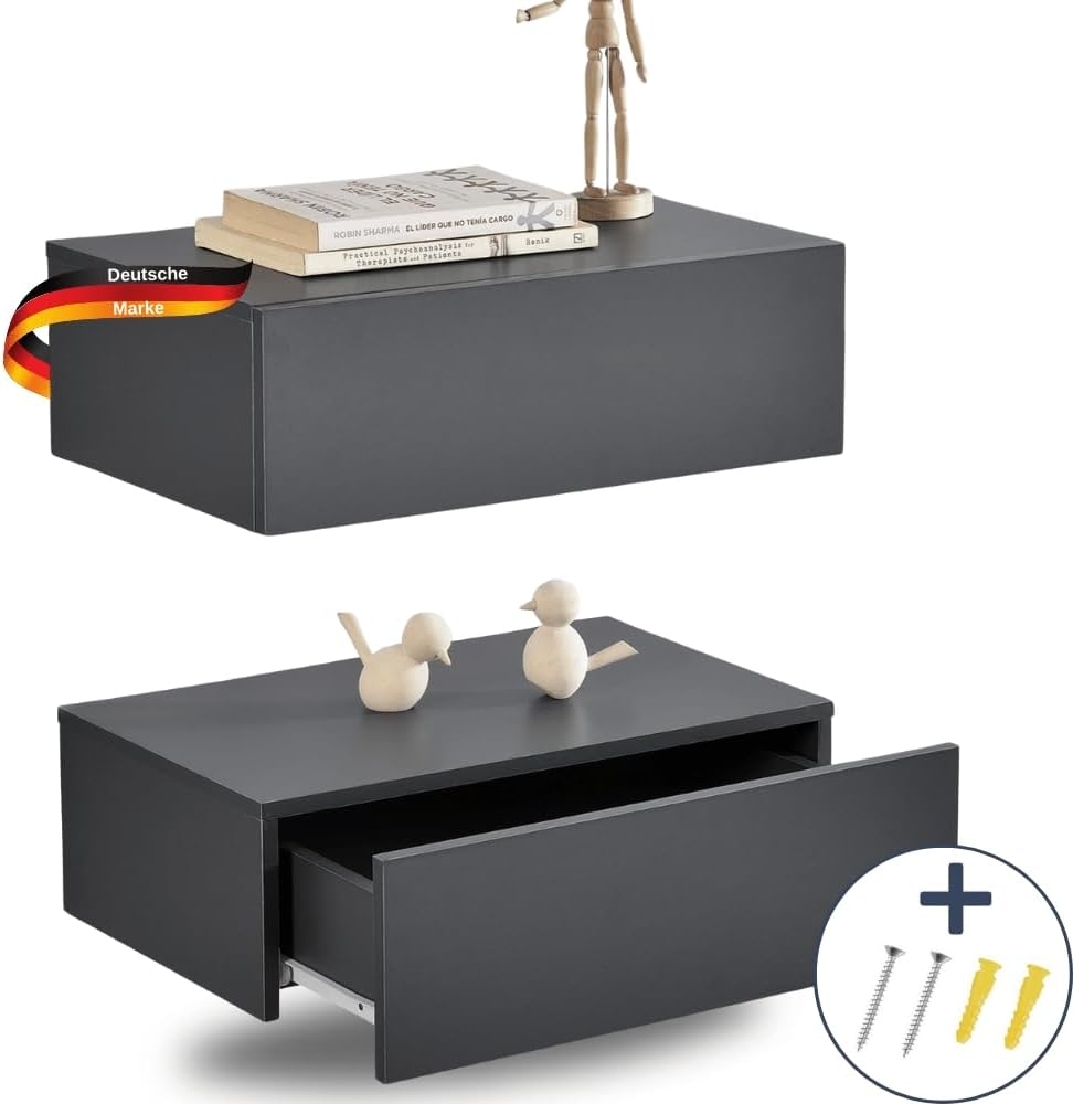 DELUKE® Nachttisch hängend TOPO - Wandmontage Wandregal mit Schublade Wandschrank hängend Nachtschrank hängend Wandmontage Nachtkästchen Dunkelgrau Bild 1