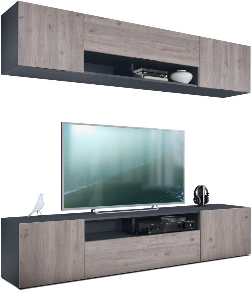 Wohnwand Mogan mit zwei 181 x 39 x 35 cm Elementen, hängende Wohnzimmer Anbauwand mit 12 Fächern, Korpus in Anthrazit matt, Fronten in Eiche Nordic Bild 1