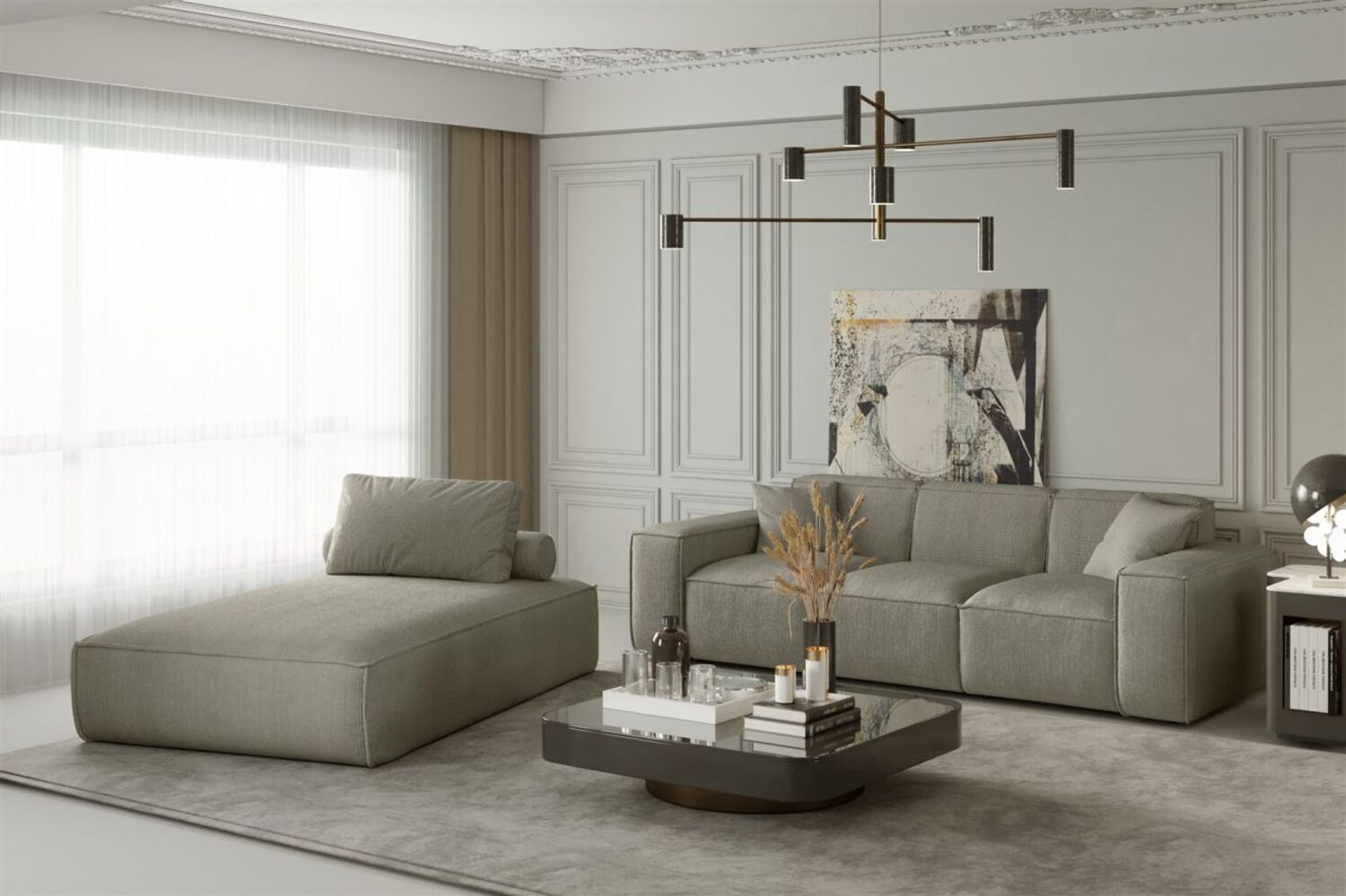Sofa Set 2-teilig Sezlong und Sofa 3-Sitzer CELES in Stoff Scala Beige Bild 1