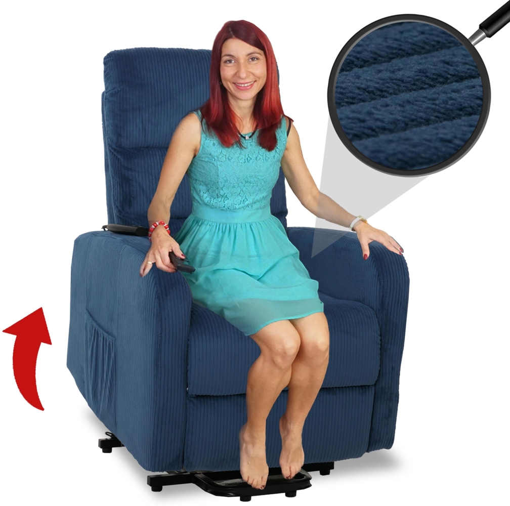 Fernsehsessel HWC-K62, Relaxsessel TV-Sessel Liege, Liegefunktion Aufstehhilfe, Metall Stofff/Textil Cord ~ blau Bild 1