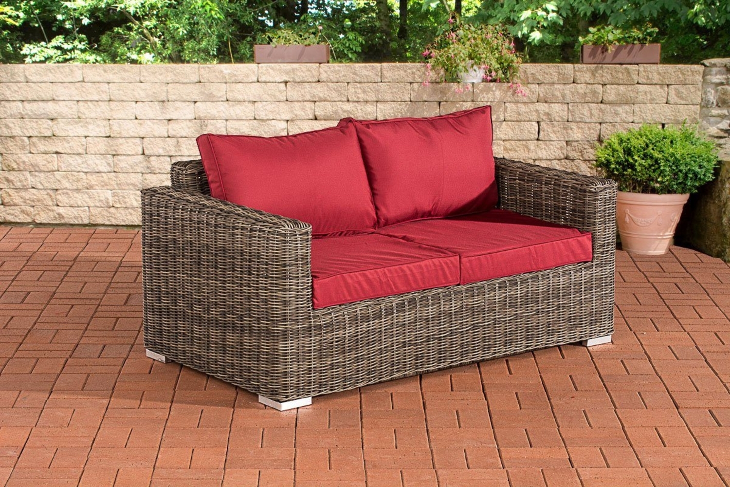 CLP Polyrattan 2er Sofa Madeira / Bilbao 5 mm,grau-meliert rubinrot Bild 1