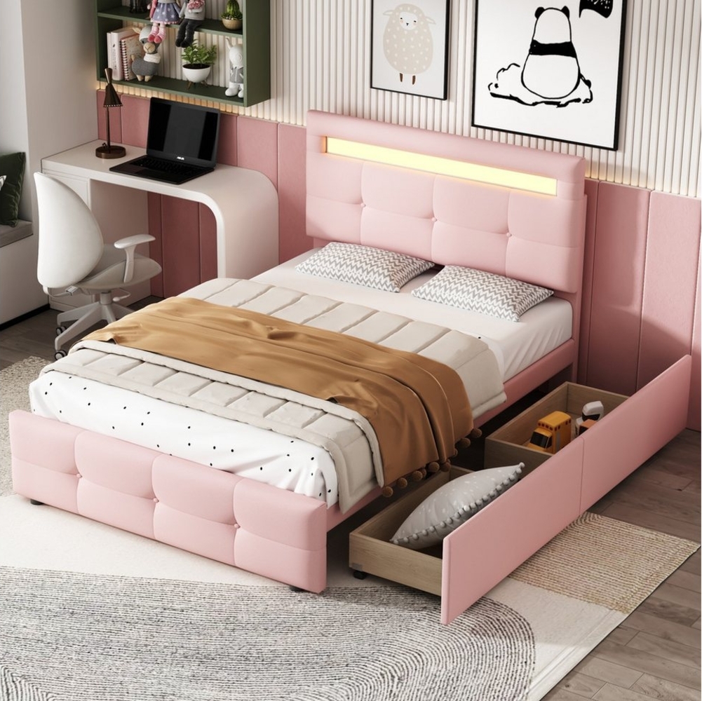 BlingBin Polsterbett Einzelbett Funktionsbett Kinderbett Jugendbett, 90x200 cm (1er Set, 1-tlg, mit LED-Leuchten, 2 Schubladen), hautfreundlicher Leinenpolsterung flach Bettrahmen Gästebett Bild 1