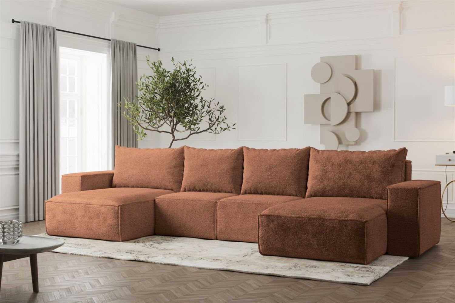 Wohnlandschaft U-Form Sofa ESTELLE mit Schlaffunktion in Stoff Abriamo Rostbraun Bild 1