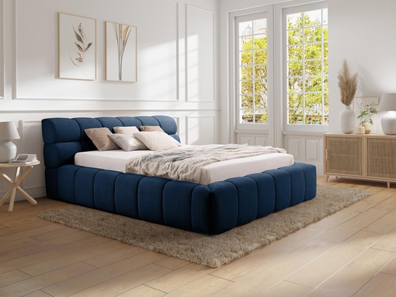 Vente-unique - Bett mit Bettkasten + Matratze - 180 x 200 cm - Stoff - Dunkelblau - FORVIK II von Pascal Morabito Bild 1