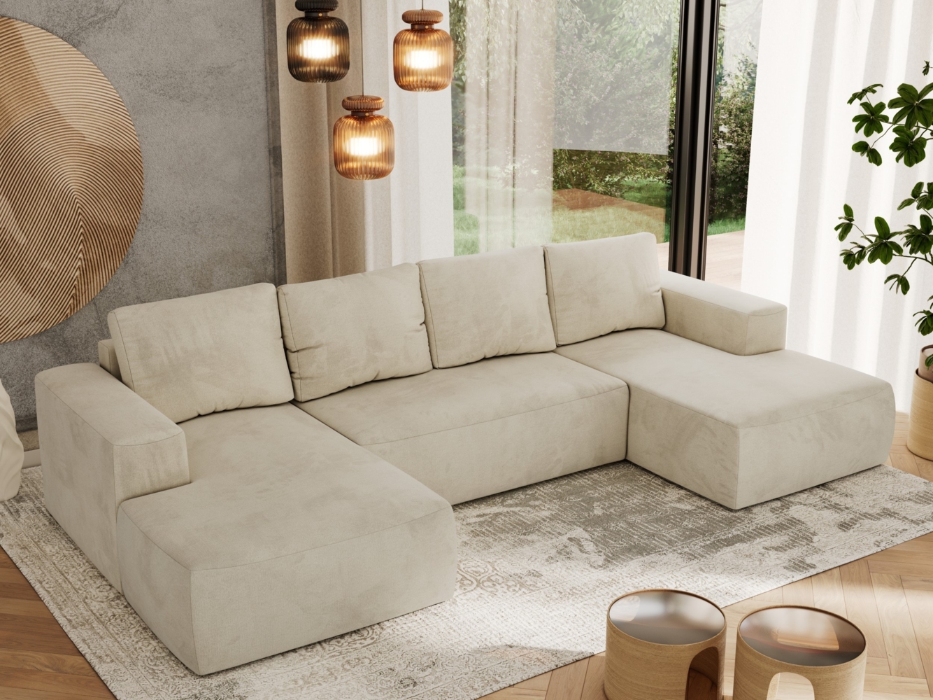 U-förmiges Ecksofa mit Schlaffunktion, Bettkasten und losen Kissen, zwei Armlehnen - TRENTINO U - Beige Velours Bild 1