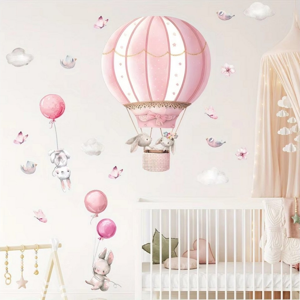 Montegoni Wandtattoo Wandsticker Kinder mit Niedliche Kaninchen-Rosa-Ballon-Wolken (Wandaufkleber Dekoration für Kinderzimmer, Mädchenzimmer, Kindergarten), Wandaufkleber Dekoration für Kinderzimmer, Mädchenzimmer Bild 1