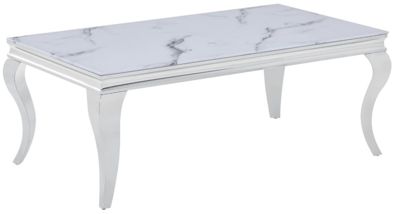 HOOZ Couchtisch Couchtisch 115x65cm Chrom & Glas - Marmor-Optik weiß (Wohnzimmertisch, mit Montageanleitung), mit dezentem Facettenschliff Bild 1