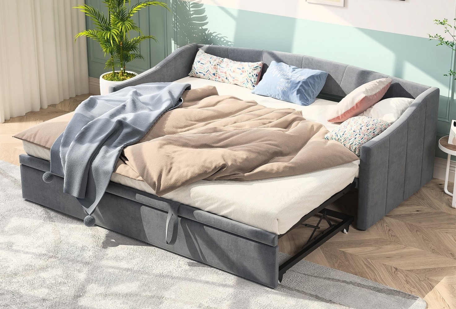 FUROKOY Polsterbett Polsterbett Ausziehbett Ausziehbares mit Bettfunktion mit Lattenrost, 90x200 cm,Gepolstert,mit Rädern,Grau,Samt,Multifunktionsbett Bild 1