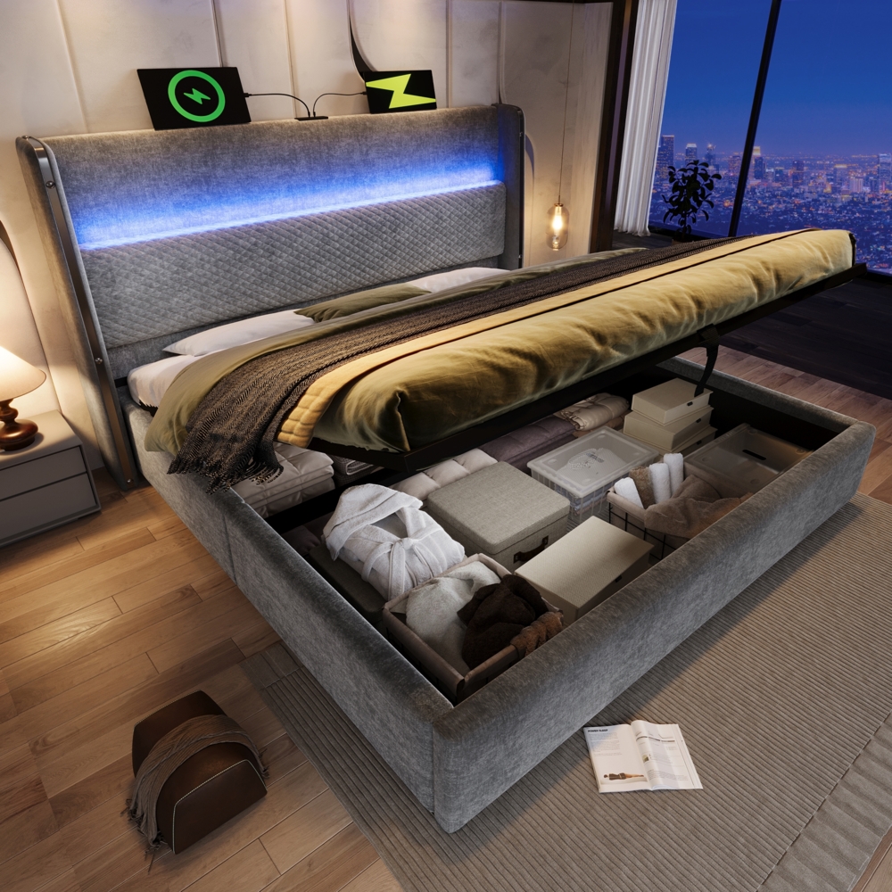 Merax Polsterbett, 140x200 cm Doppelbett , Modernes Hydraulisches Bett mit Hohem Kopfteil, mit LED-Beleuchtung, Stauraum & USB/Type-C-Anschlüssen, in Leinen Optik Grau Bild 1