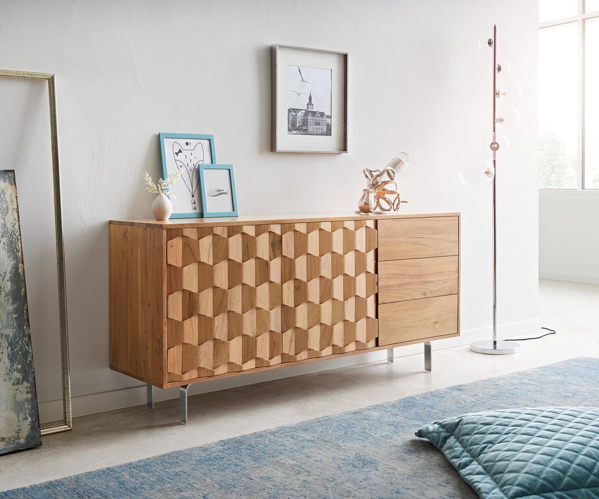 Sideboard Fevo 145 cm Akazie Natur 2 Türen 3 Schubfächer L-Fuß Bild 1