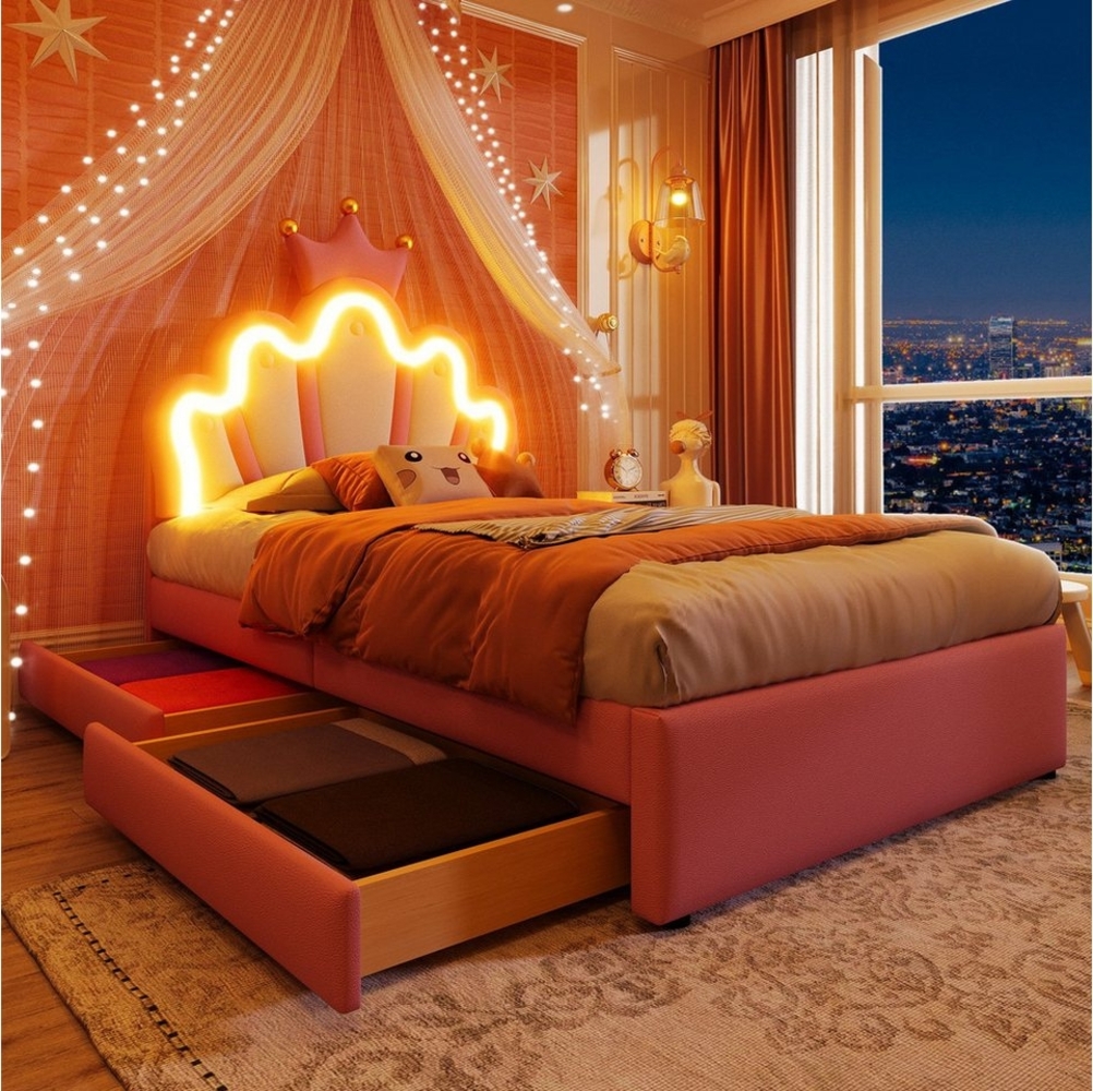 TavilaEcon Kinderbett Polsterbett Prinzessinnenbett mit Kronenform, Weiß/Rosa (Ohne Matratze), mit 2 Schubladen, 140 x 200 cm Bild 1