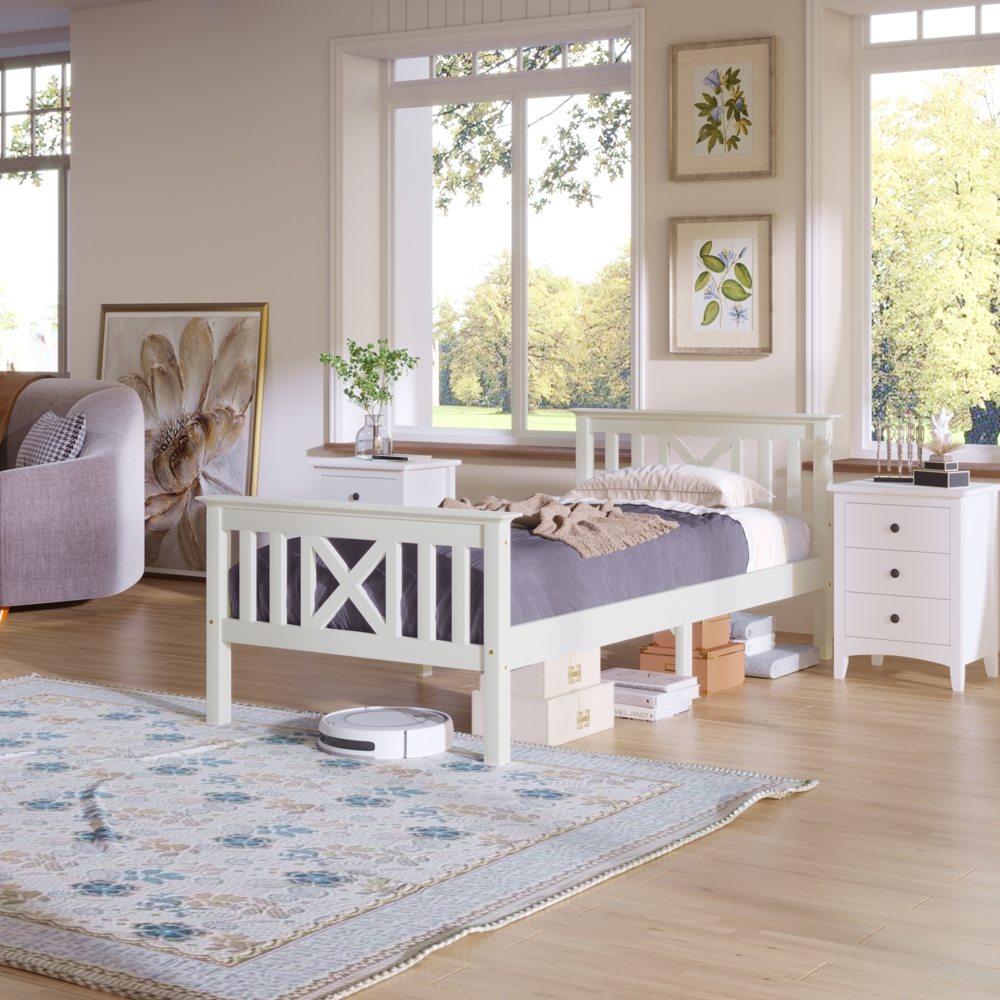 Bett 90x200 cm aus Kiefer massiv mit Stauraum und X-Kopfteil – inkl. Lattenrost, Weiß Bild 1