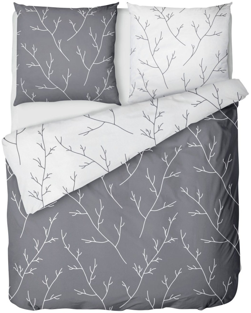 LINKHOFF Wendebettwäsche Biber Bettwäsche 135x200 / 155x220cm - Zweigemuster in Grau Weiß, Anthrazit Zweige 100% Baumwolle Bettwäsche-Set Aesthetic Floral Bild 1