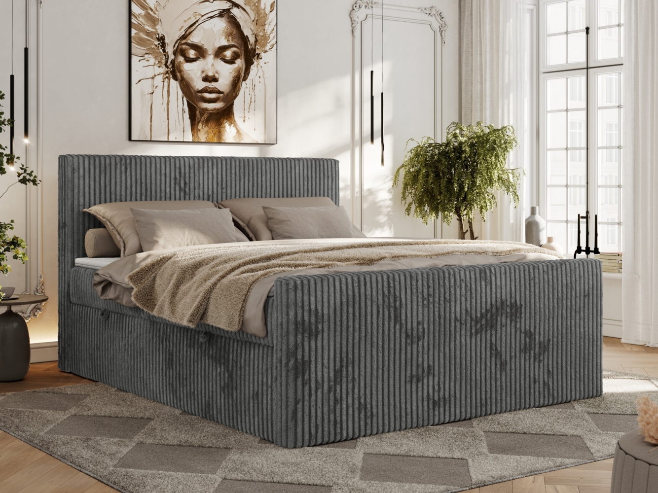 Boxspringbett, Doppelbett mit zwei Bettkästen und hohem Kopfteil aus Cordstoff - TILIANO DUO - 200 x 200 cm - Grau Cord - H3 Bild 1