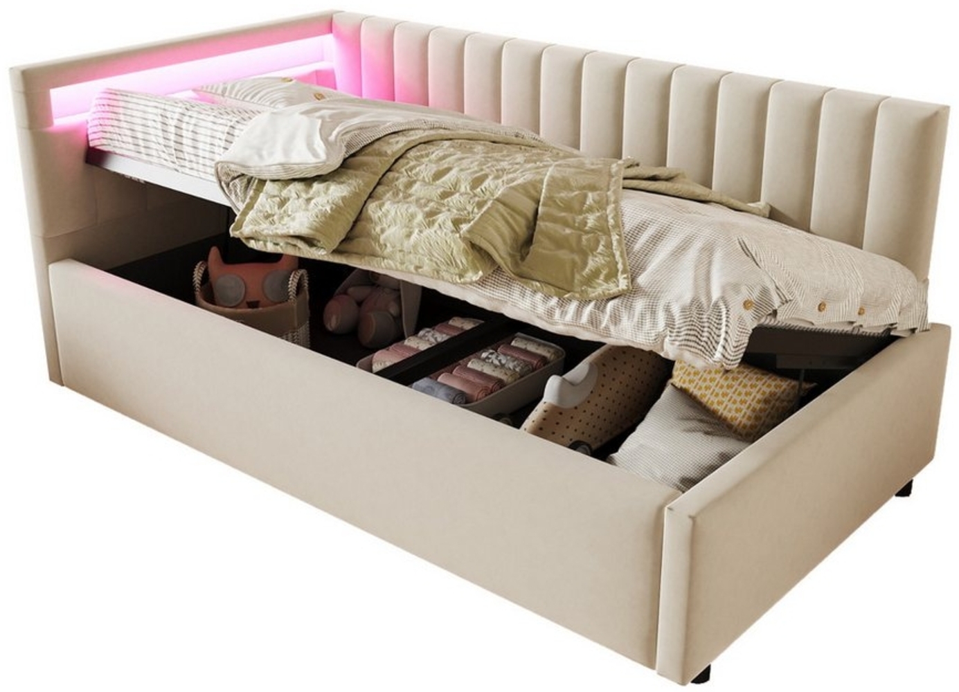 REDOM Polsterbett Schlafsofa Multifunktionsbett, Funktionsbett Stauraumbett (Daybett Tagesbett mit LED-Beleuchtung, hydraulischem Stauraum & verstellbarem Kopfteil, Samtbezug, Für Gästezimmer, Wohnräume & Apartments, bis 120 kg), Ohne Matratze Bild 1