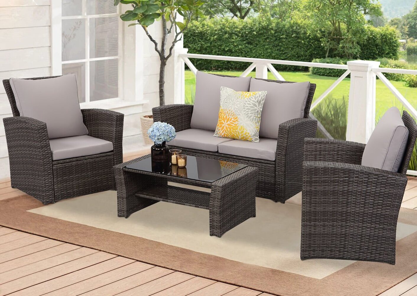 MeXo Gartenlounge-Set Balkonmöbel Set für 4 Personen, (Poly Rattan Gartenmöbel Set, 4-tlg, Lounge-Sets mit 2-Sitzer Sofa, 2 Sessel und Tisch mit Stauraum), wetterfeste Terrassenmöbel Set für kleiner Balkon Bild 1