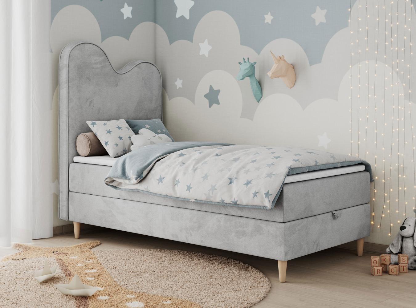 Kinderbett FLOW, Boxspringbett für Kinder, mit hohem Kopfteil, Einzelbett mit Matratze - 90x160 - Hellgrau Velours - Topper T25 Bild 1