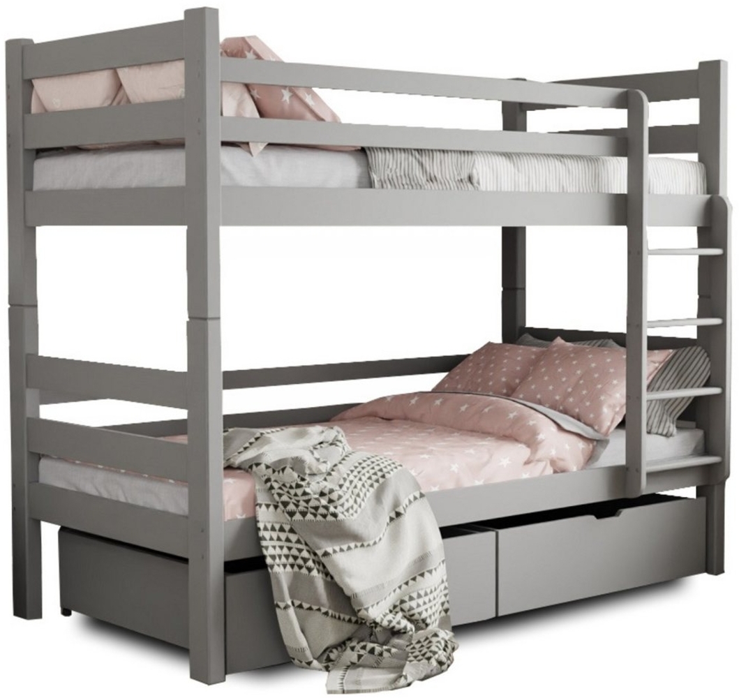 Deine Möbel 24 Etagenbett Hochbett PIA für 2 Kinder 90x200 Weiß Aschgrau aus Massivholz (Set, Kinderbett mit Lattenrost, inkl. Rausfallschutz oben), in 2 Kinderbetten umbaubar, mit Schubladen, mit Matratzen optional Bild 1