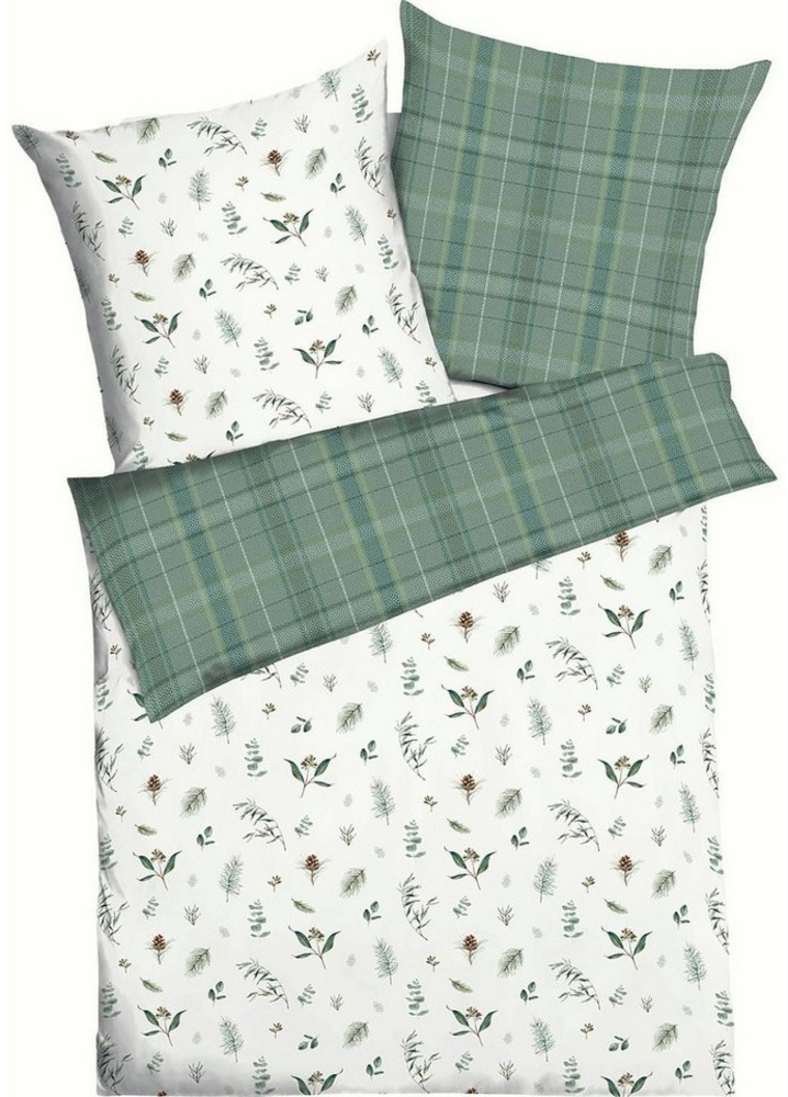 kaeppel Biber Bettwäsche 155x220 Winter Greens Zweige Zapfen Wende Karo grün 226-503 Bild 1