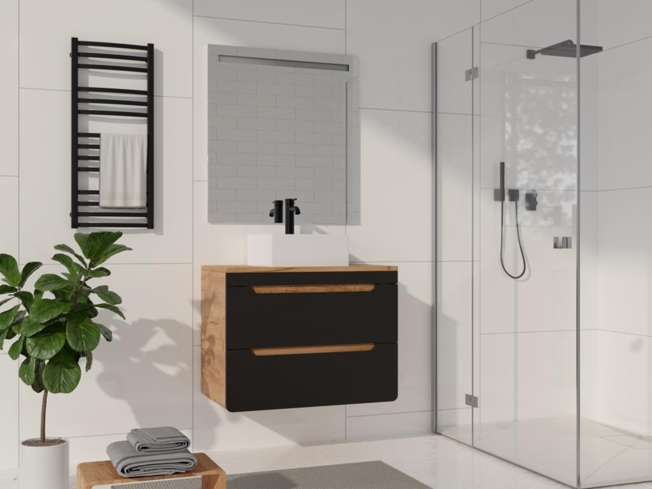 Vente-unique - Waschbeckenunterschrank hängend - 80 cm - Holzfarben & Anthrazit - ARUBA Bild 1