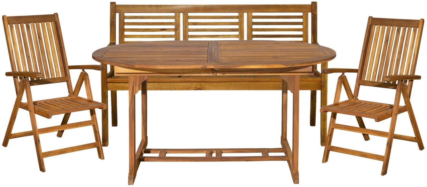 Sitzgruppe Akazienholz 4-teilig mit Tisch zwei Stühlen und Sitzbank Verstellbar Bild 1