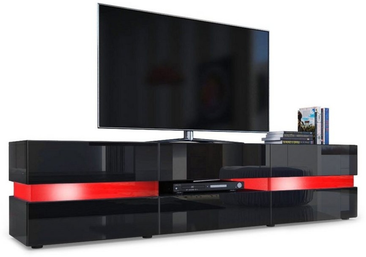 Vladon Lowboard Flow, TV-Kommode mit Ambient Light Verglasung mit 2 Türen, 1 Schublade und 1 Klappe, Schwarz Hochglanz/Schwarz Hochglanz, inkl. LED-Beleuchtung (177 x 45 x 39 cm) Bild 1