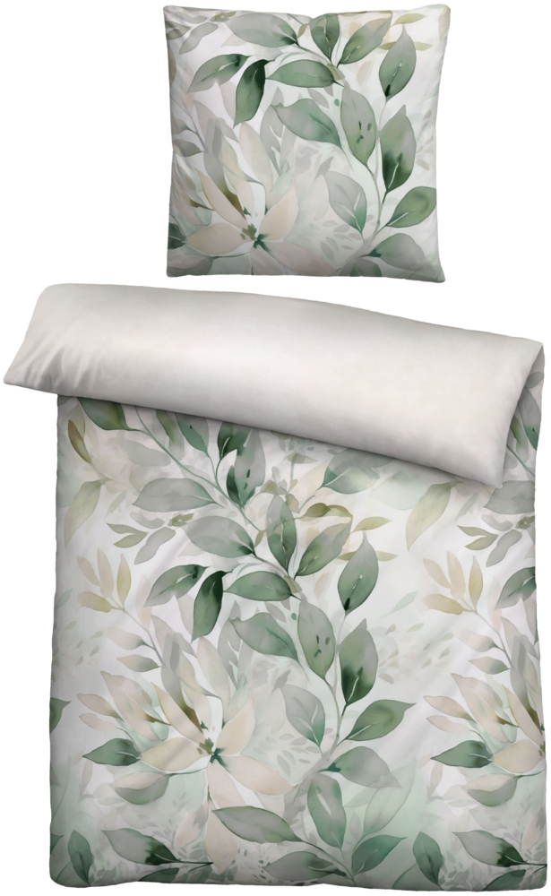 biberna Satin Bettwäsche 0614471 BLÄTTERRANKE, fichte, 1x 135x200 cm + 1x 80x80 cm Bild 1