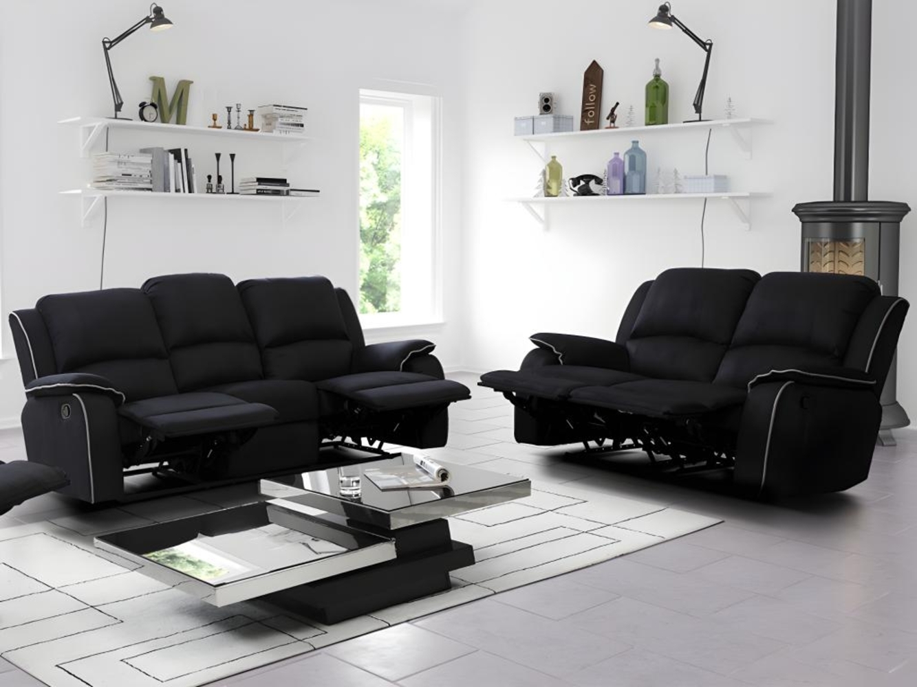Vente-unique - Couchgarnitur Relax 3+2 - Microfaser - Schwarz - HERNANI Bild 1