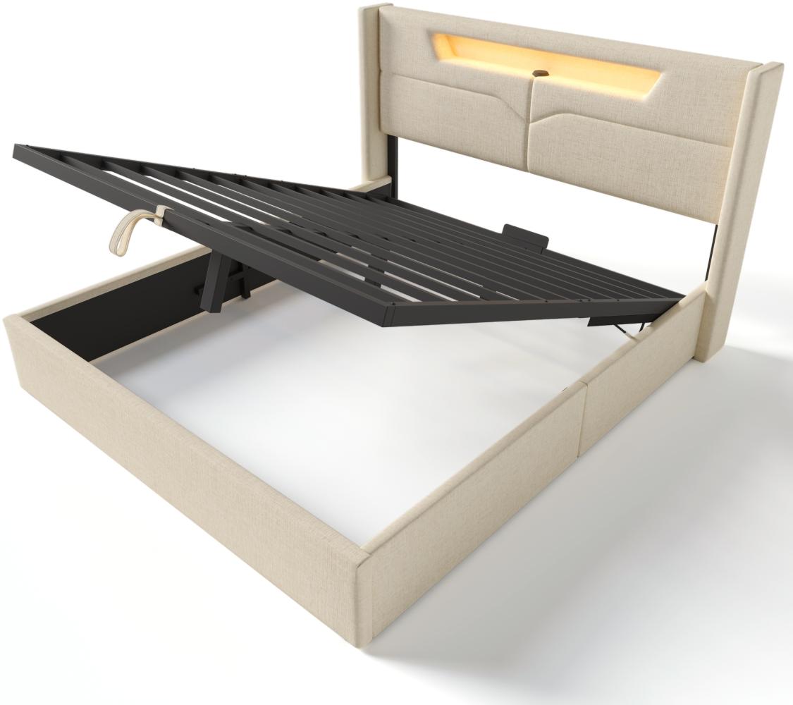 Merax Polsterbett LED Doppelbett mit USB Typ C und LED-Beleuchtung,Baumwolle-Leinen Bezug Stauraumbett 140x200cm, beige Bild 1