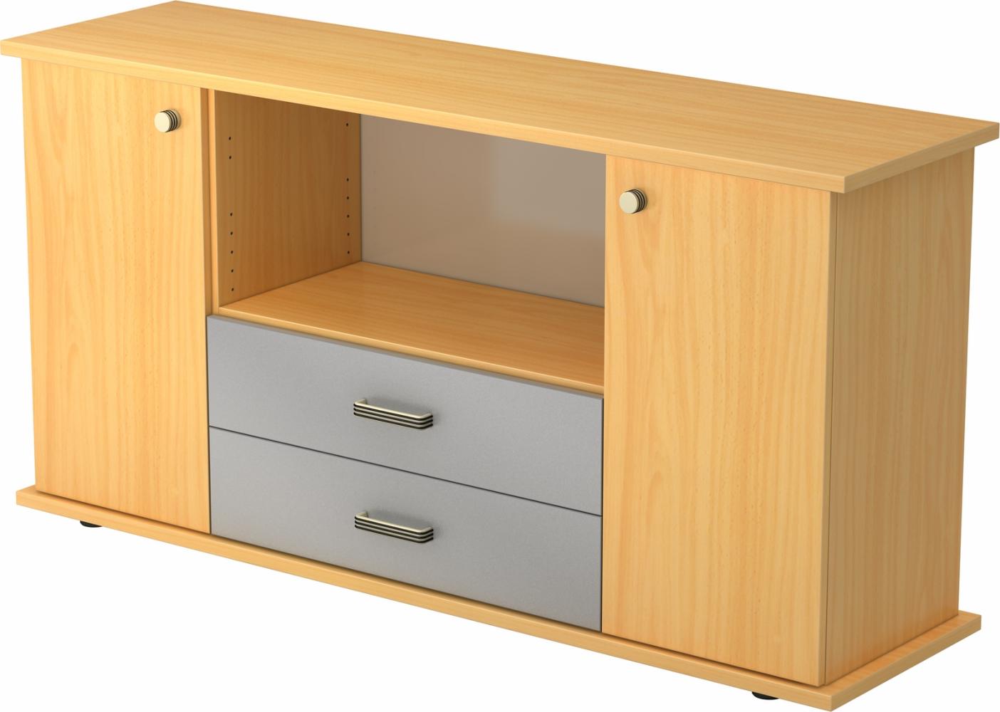 bümö Sideboard Buche mit Flügeltüren & Regal - Büromöbel Sideboard mit Schubladen Holz 166cm breit, 45cm schmal, Büro Schrank für Flur oder als Wohnzimmer-Kommode mit Streifengriff, SBTS-6-6-SG Bild 1