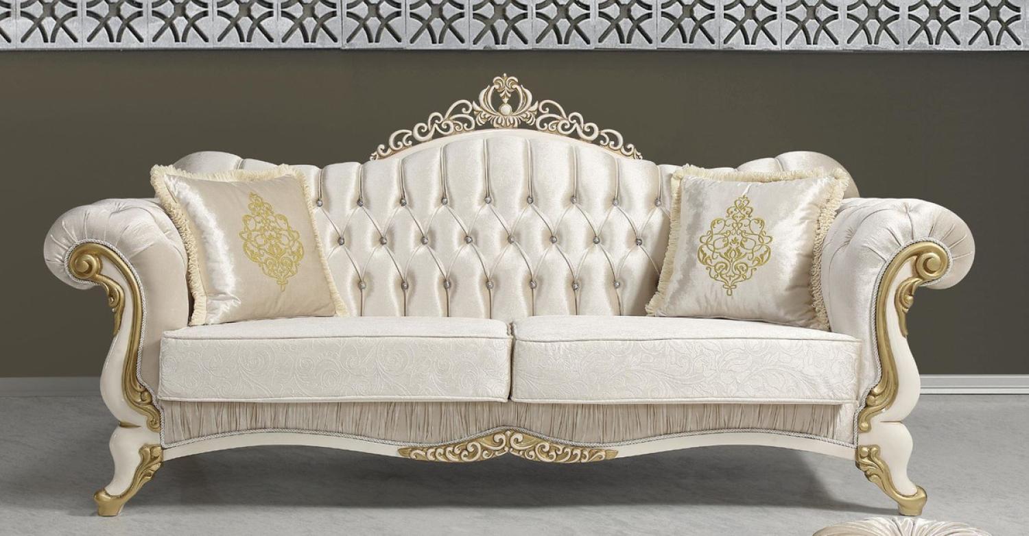 Casa Padrino Barock Wohnzimmer Sofa mit Glitzersteinen Champagnerfarben / Creme / Gold 224 x 83 x H. 112 cm - Wohnzimmer Möbel - Edel & Prunkvoll Bild 1