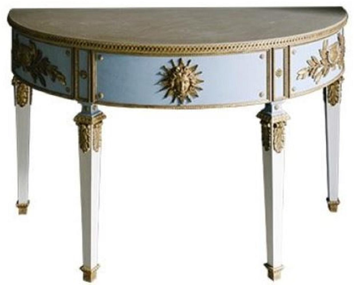 Casa Padrino Luxus Barock Konsole Blau / Weiß / Gold 150 x 75 x H. 91 cm - Handgefertigter Halbrunder Antik Stil Konsolentisch Bild 1