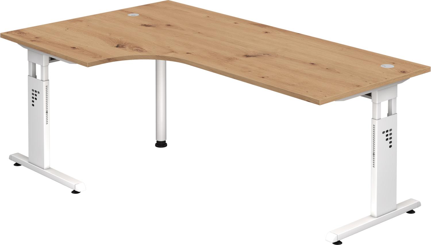 bümö höhenverstellbarer Eckschreibtisch O-Serie 200x120 cm in Asteiche, Gestell in weiß - Schreibtisch L Form, großer Tisch für's Büro, Computertisch höhenverstellbar, OS-82-R-W Bild 1