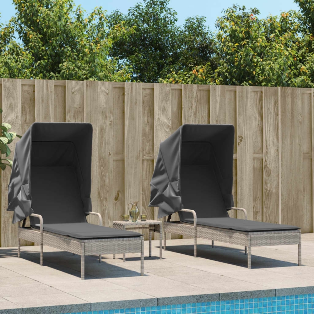 vidaXL Sonnenliegen 2 Stk. mit Dach und Tisch Hellgrau Poly Rattan 3261574 Bild 1