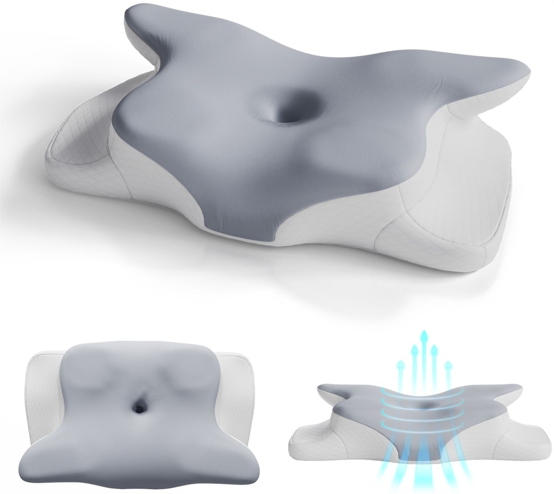 Juskys Nackenkissen 1er Set - Ergonomisches Nackenkissen mit Memory-Foam, atmungsaktivem Bezug - Kissen für den Nacken, gesunder Schlaf - weiß/grau Bild 1