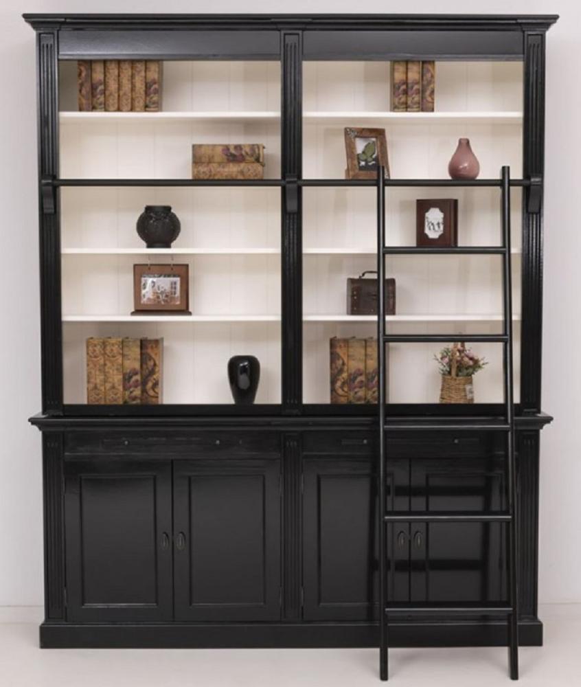 Casa Padrino Landhausstil Bücherschrank mit Leiter Schwarz / Weiß 200 x 40 x H. 240 cm - Massivholz Schrank - Wohnzimmerschrank - Regalschrank - Büroschrank - Landhausstil Möbel Bild 1