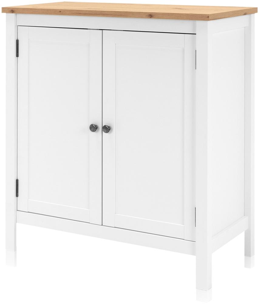 KHG Kommode 2-türig mit Einlegeboden Landhaus, Sideboard aus Holzwerkstoff weiß foliert, Deckplatte Holzoptik Asteiche foliert, silberne Metall-Griffe, 80 x 90 x 40 cm (B/H/T) Bild 1