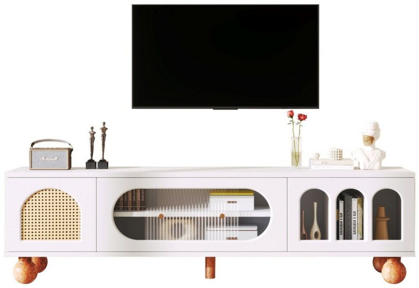 OKWISH TV-Schrank innovativen Türen aus Rattan und Glas (1-St, 170cmx37cmx47cm) mit Glasschiebetüren,Rattantür,Stauraum,Fernsehtisch Bild 1