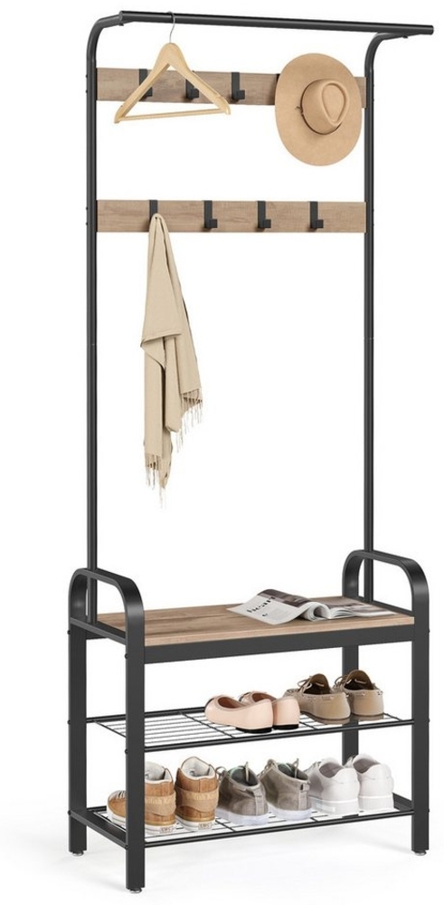 VASAGLE Kleiderständer Garderobenständer rustikal mit 9 Abnehmbaren Haken Schuhregal mit Sitzfläche 3 Ablagen Holz Metall 72 x 183 x 33.7cm Creme von SONGMICS HSRDE040K02 Bild 1