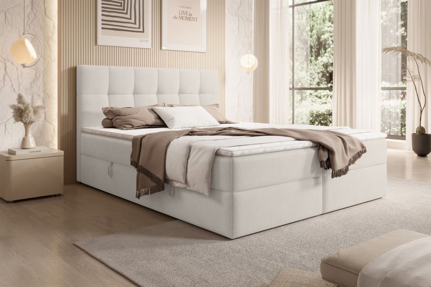 Boxspringbett Schlafzimmerbett ARTURO 160x200cm Stoff Freya Altweiß Bild 1