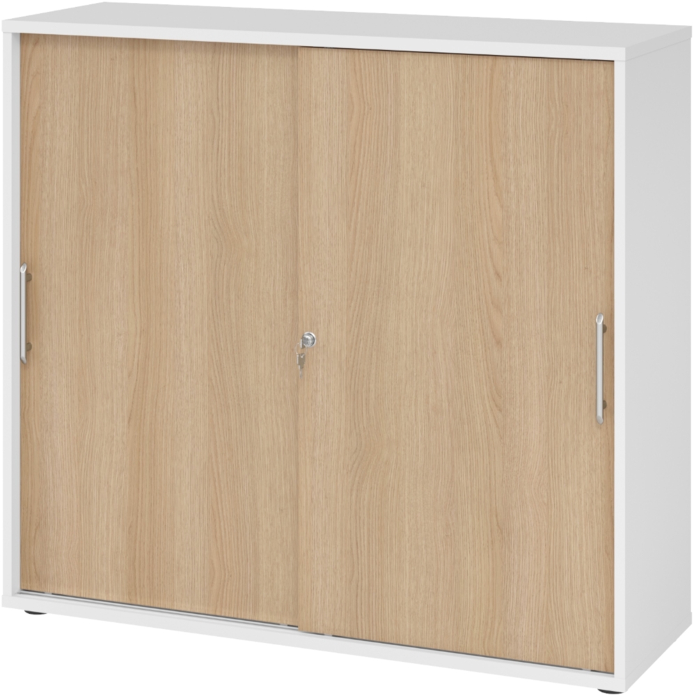 bümö Schiebetürenschrank 3OH - Aktenschrank abschließbar, Sideboard Schrank mit Schiebetüren in Weiß/Eiche, Relinggriff - Büroschrank aus Holz mit Schiebetür, Büro Kommode für Ordner & Co, 1753S-W-E-RE Bild 1