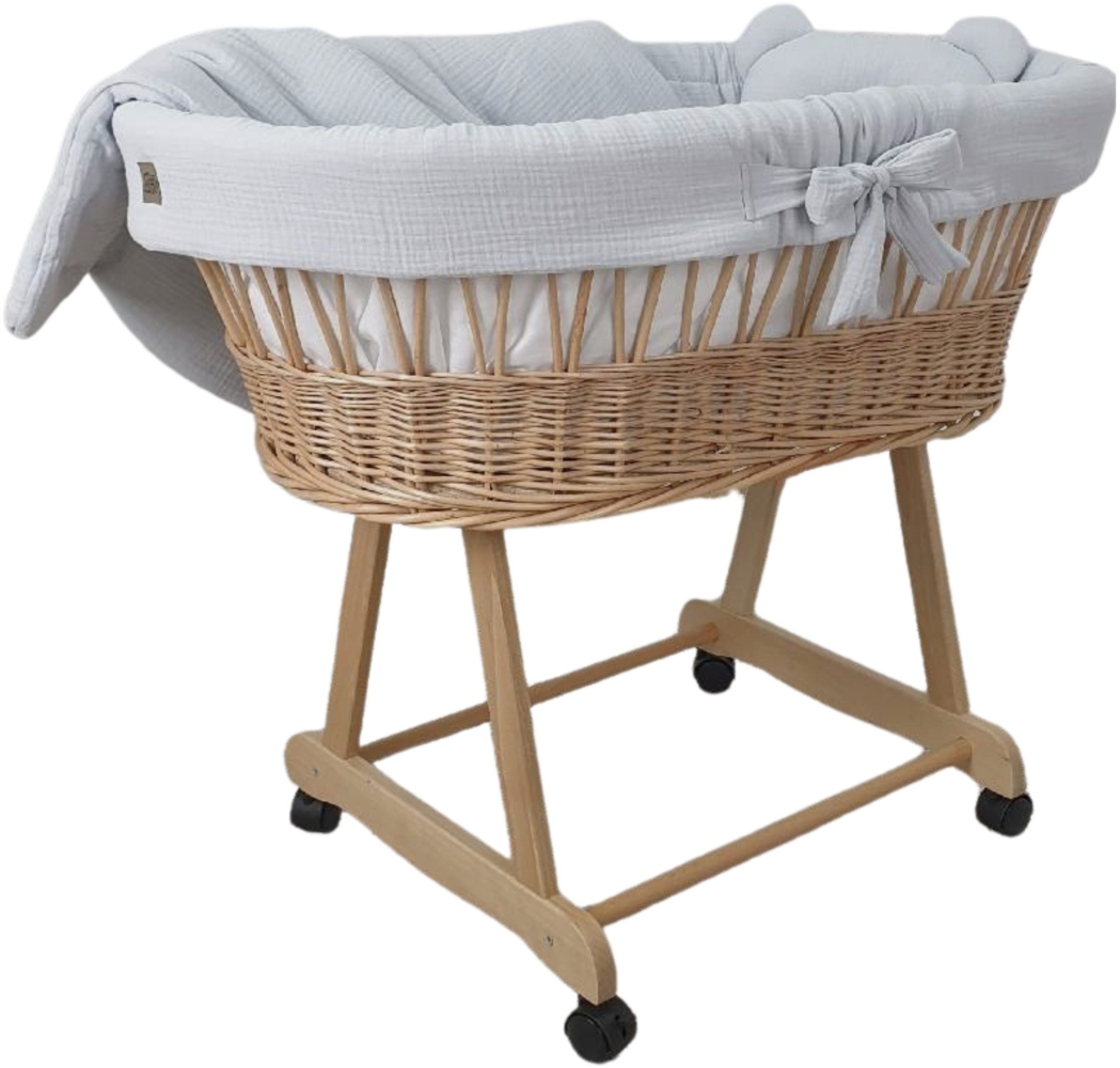 Stubenwagen mit Rollen Komplett Set Natur, Musselin Grau - ohne Baldachin Bild 1
