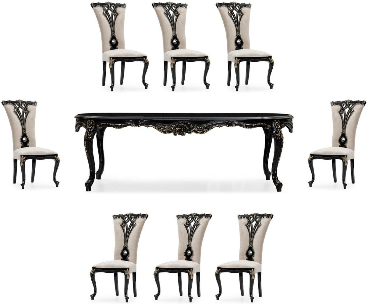 Casa Padrino Luxus Barock Esszimmer Set Creme / Schwarz / Gold - 1 Barock Esstisch & 8 Barock Esszimmerstühle - Luxus Esszimmer Möbel im Barockstil - Prunkvolle Barock Esszimmer Möbel Bild 1