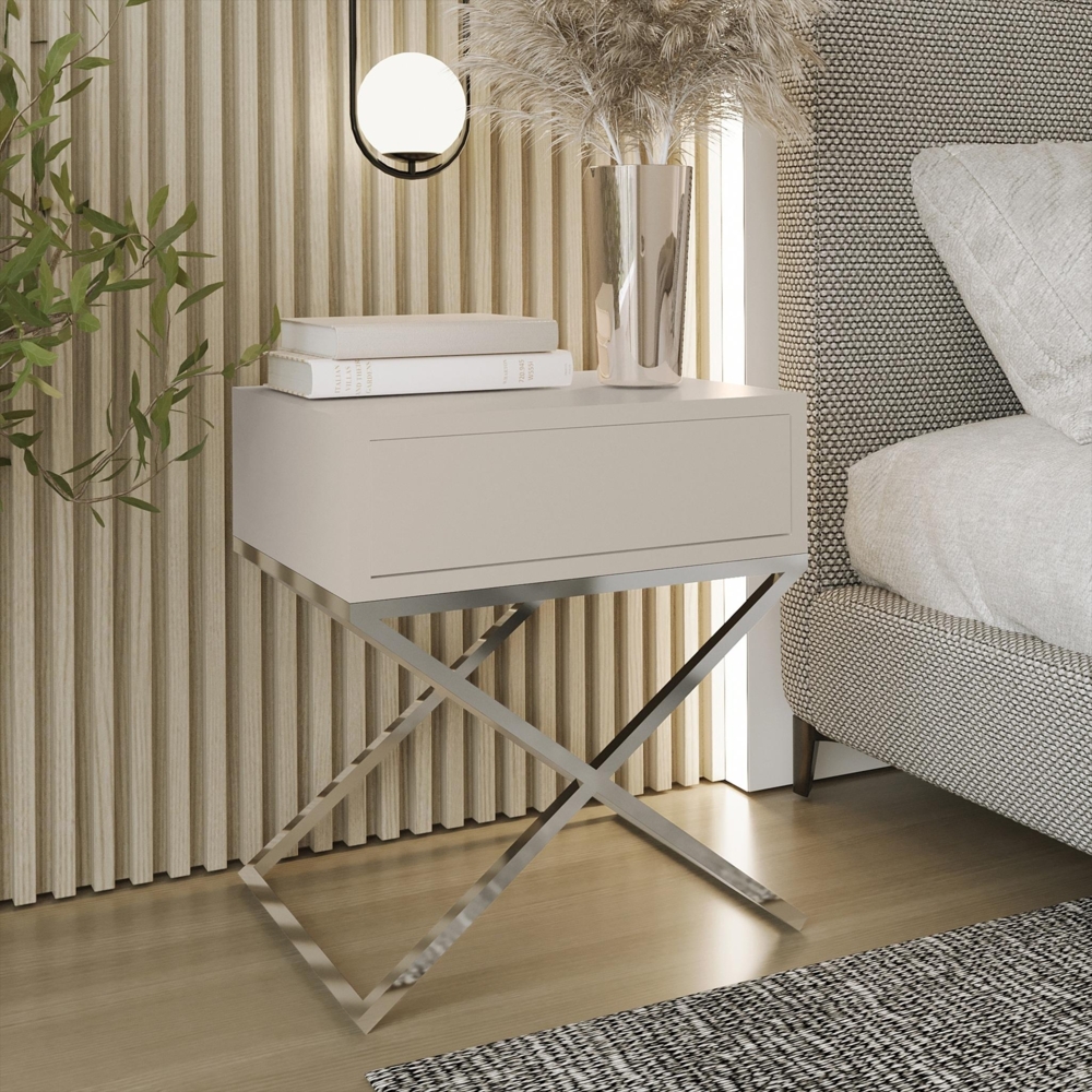 AX LIVING Nachttisch modern Aleio X – 45cm breit, beige, Chromgestell Bild 1