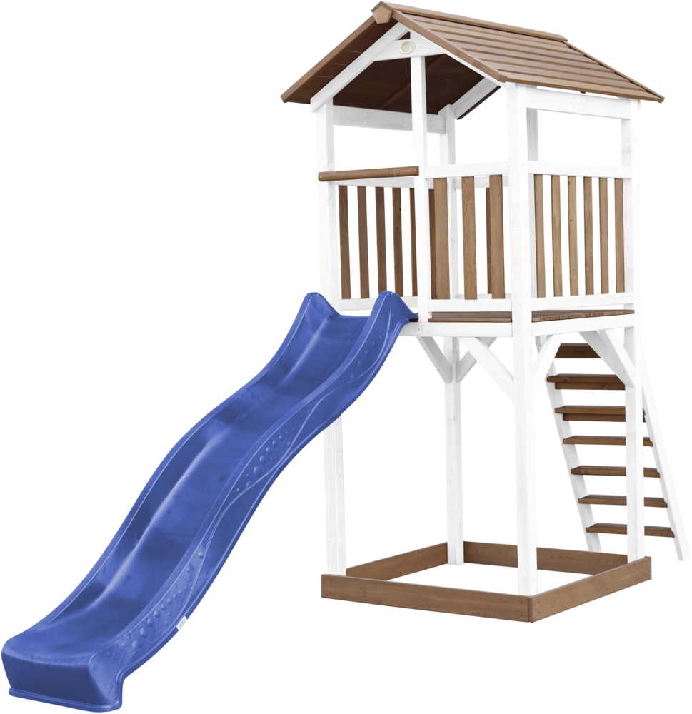 AXI Beach Tower Spielturm aus Holz in Braun & Weiß Spielhaus für Kinder mit blauer Rutsche und Sandkasten | Braun, weiß, blau | Holz | 349 cm Bild 1