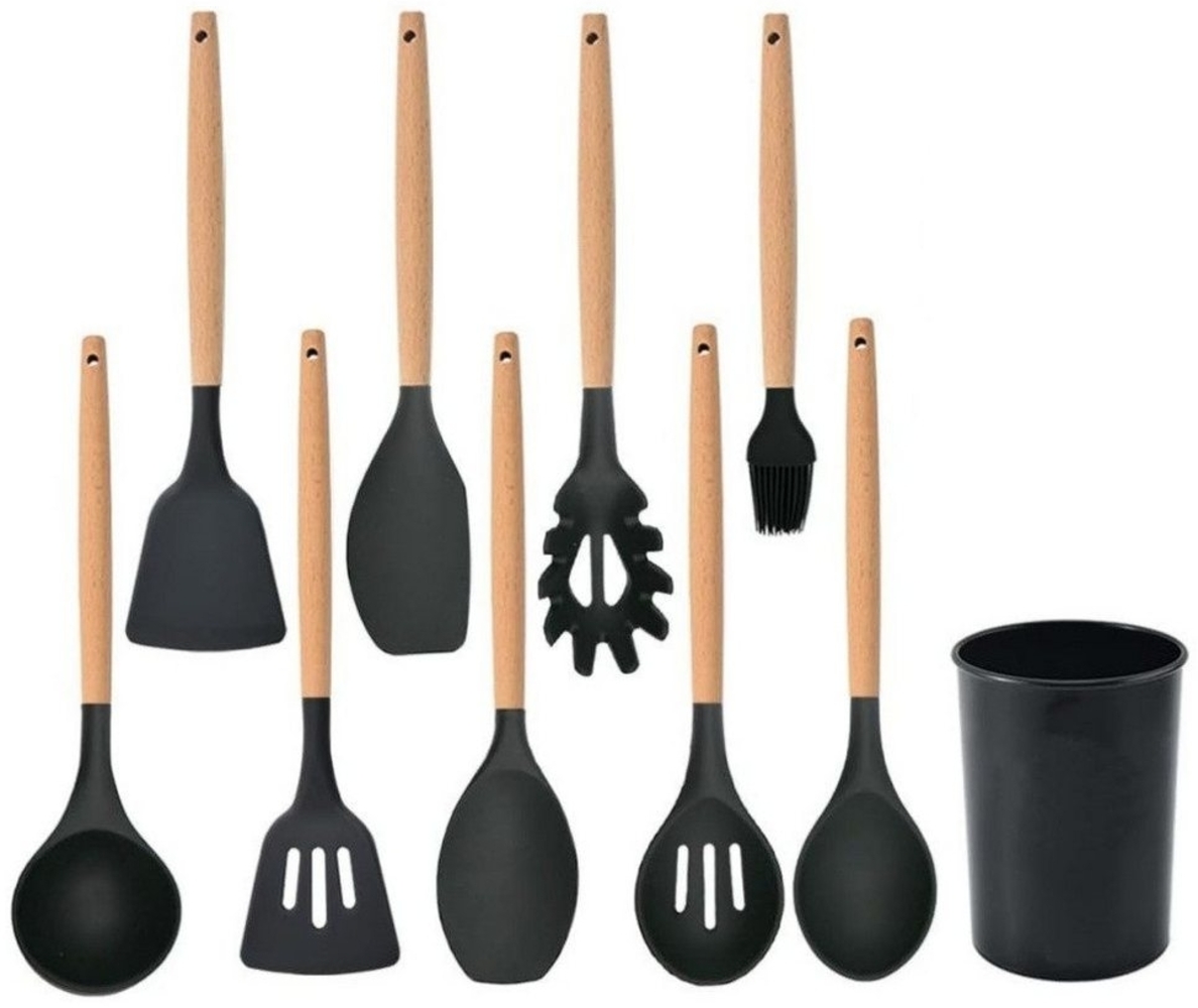 BlingBin Kochbesteck-Set Küchenhelfer-Set 10-teilig Silikon-Kochutensilien-Set mit Holzgriff (10 Stück, 10-tlg, 10 teilig), Silikonspatel Kochgeschirr Set Bild 1