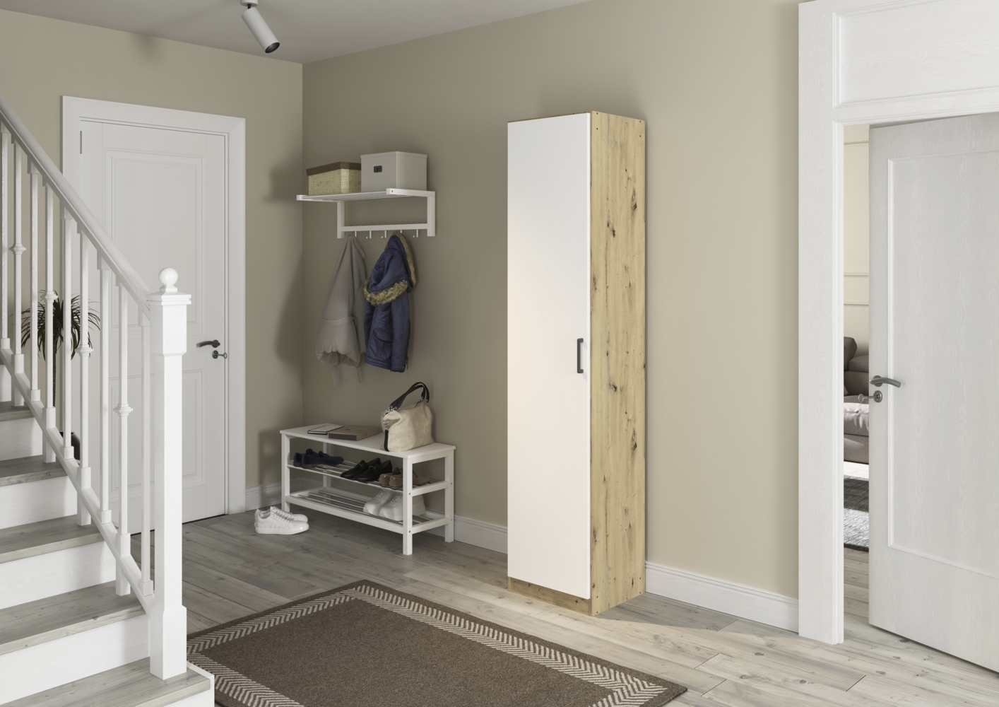 rauch Allrounder, Garderobenschrank, Mehrzweckschrank, 1-türig, mit 4 Einlegeböden, Farbe Weiß/Eiche Artisan, BxHxT 47x210x41cm Bild 1