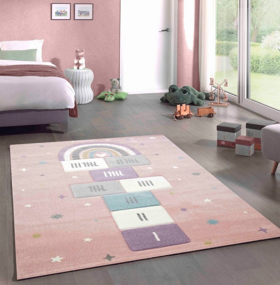 Carpetia Kinderteppich Spielteppich Kinderzimmer Teppich Hüpfspiel Regenbogen rosa grün creme, rund, Höhe: 13 mm Bild 1